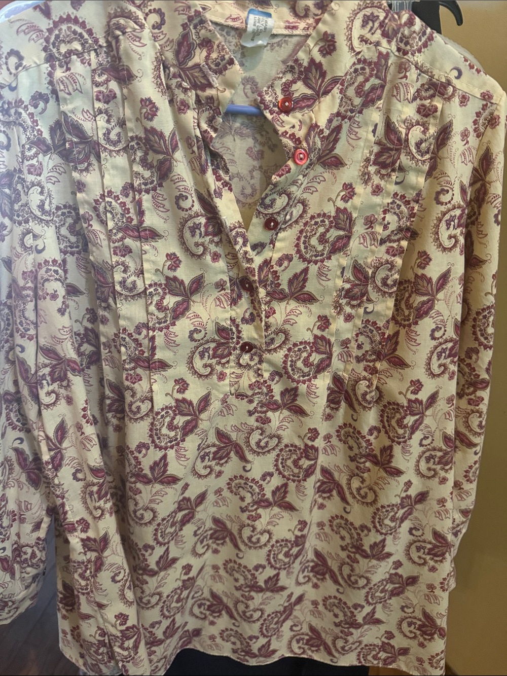 Men's Cream and Burgundy Floral Long-Sleeve Shirt